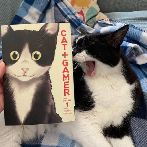 A manga volume is shown next to a cute black and white cat who is yawning.