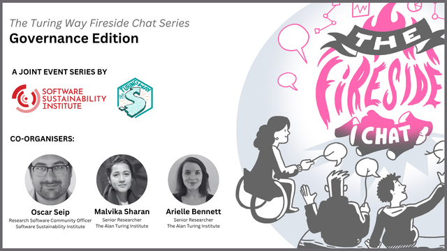 Hand-drawn image by scriberia is on the right of the digital poster: three people are sitting around a fire whose flames form the words “The Fireside Chat”. They are holding speech bubbles on sticks in lieu of marshmallows. Featuring logos of SSI and TTW, alongside black and white photos of Oscar, Malvika and Arielle.