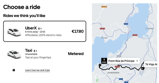 Captura del coste de un viaje en Uber desde la rúa Príncipe al Aeropuerto de Vigo