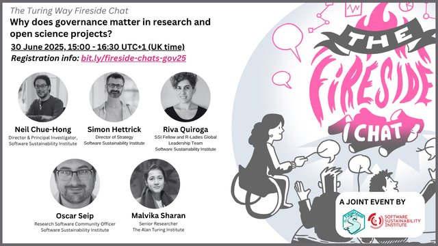 Hand-drawn image by scriberia is on the right of the digital poster: three people are sitting around a fire whose flames form the words “The Fireside Chat”. They are holding speech bubbles on sticks in lieu of marshmallows.