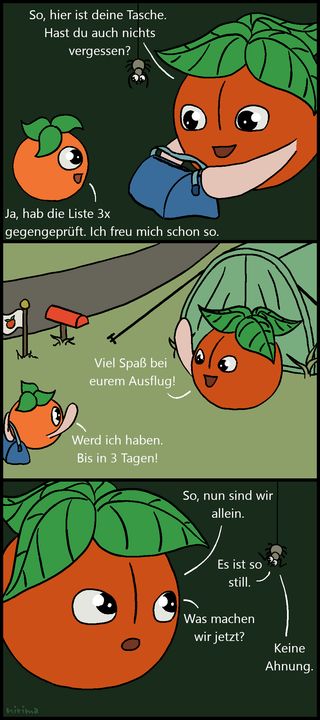 ein Tomaten-Comic bei dem die kleine Tomate verabschiedet wird, weil sie auf einen mehrtägigen Ausflug geht. Also die große Tomate und die Spinne allein sind, fragen sie sich, was sie jetzt denn tun sollen.