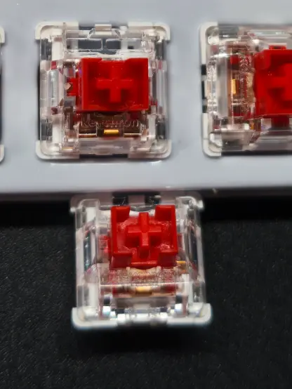 3 Keychron Tastatur Switches (rot/linear/45g) in Nahaufnahme. Die roten Stems sind gut zu sehen