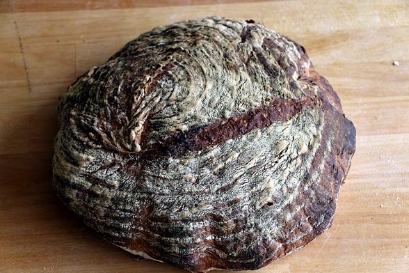 Round 'rustic' sourdough loaf viewed from above.