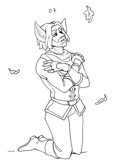 Ink sketch of a young Oberon for day 7. He is kneeling as if delivering a vow, with oak leaves falling around him.