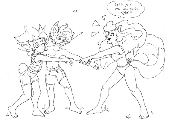 Ink sketch for day 10. Kaileen and Nord are trying to drag Jasper by the arm, all are in swimwear. Kaileen is cheering "Let's go! You can swim, right?"