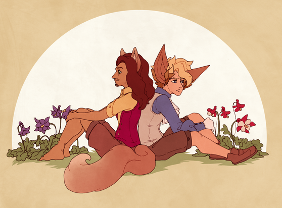 Coloured drawing for day 3. Moth and Jasper are sitting back to back. Moth's side is featuring purple columbines, whereas Jasper's side has red ones. The palette is warm and summery.