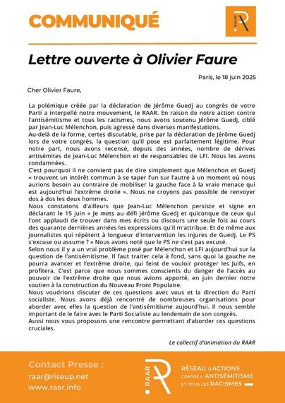 Lettre ouverte du RAAR adressée à Olivier Faure. L'image reprend le texte complet qui est disponible en cliquant sur le lien.