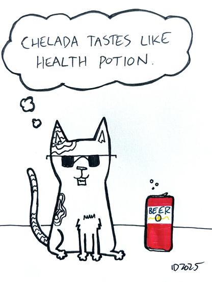 a striped cat in sunglasses sits and smiles next to a big can of tomato beer and thinks "chelada tastes like health potion."