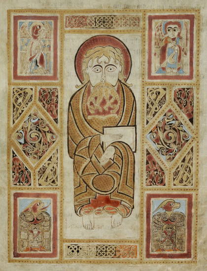 Page from an illustrated manuscriot showing a medieval monk holding a document surrounded by celtic knotwork and birds