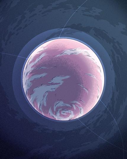 A pink-ish planet with a large athmosphere and clouds.