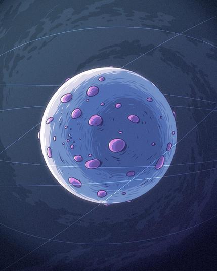 A blue rocky planenet, with pink bubbles on its surface.