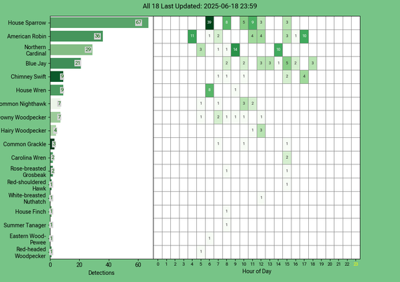 Chart generated by BirdNET-Pi with rows of all detected birds for Wednesday, June 18, 2025 in decending order.  The first large column displays a bar chart of relative frequency; the 24 reamaining columns create cells with the bird count for each hour of the day shaded by relative count.