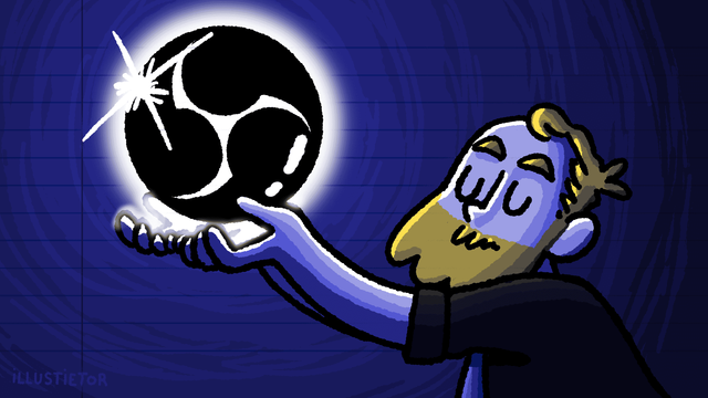 En un ambiente poco iluminado, observamos a illus levantando un orbe brillante con el logotipo de OBS Studio.