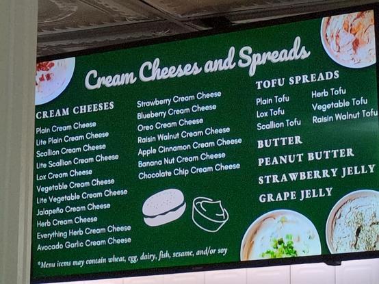Ess-A-Bagel menu board (cream cheeses and spreads)