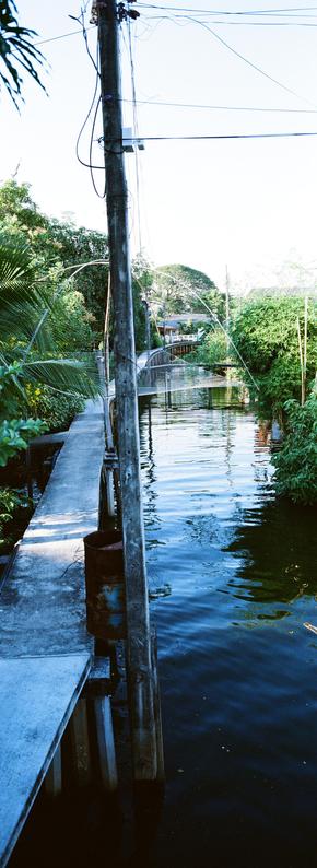Vertical panoramic photo of a narrow concrete walkway alongside a tributary to the main canal, bordered by lush green foliage on both sides. Overhead wires are visible, suspended from a utility pole in the foreground. A fishing net is also attached to the pole.