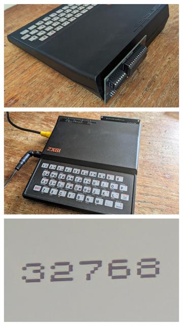 Photo montage showing a ZX81 with home soldered 16K expansion board tucked into the rear expansion slot. Shown from both the front and rear view. Also a photo of the number 32768 on the screen corresponding to the RAMTOP i.e. the maximum RAM address used by BASIC. This is in contrast to around 17000 that is displayed with only 1k RAM included with the base unit.