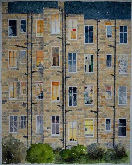 Watercolour of an Edinburgh tenement at night. Some windows lit, some with people visible. Many dark. Stars above.