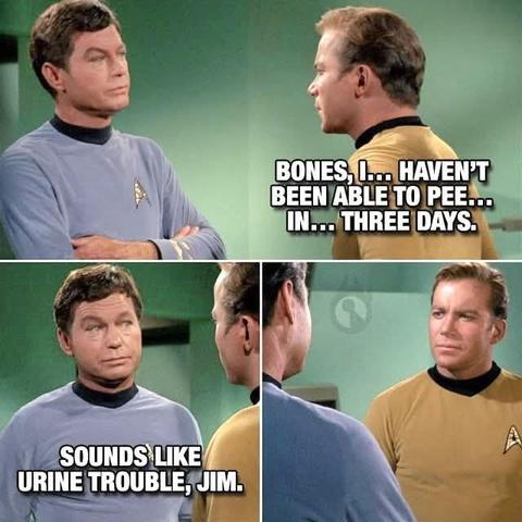 A three panel cartoon using screenshots from Star Trek. The original series shows Dr. McCoy and Captain Kirk talking to each other.
Kirk: BONES, I HAVEN'T
BEEN ABLE TO PEE IN THREE DAYS.
Dr McCoy: SOUNDS LIKE URINE TROUBLE, JIM.