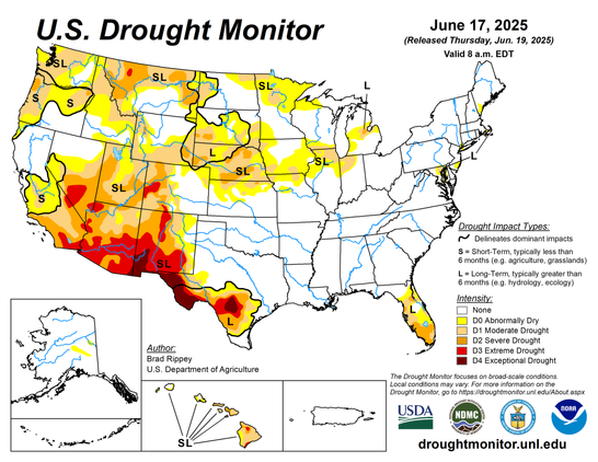 US Drought Monitor showing conditions for 6-19-25.