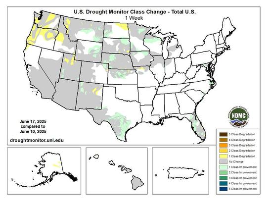 US Drought Monitor class change map comparing conditions from June 17 to June 10.