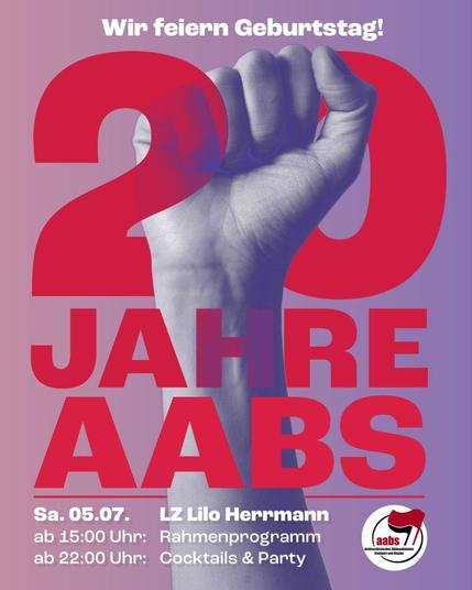Sharepic zur 20Jahr Feier mit den Angaben aus dem Text und einer geballten Faust