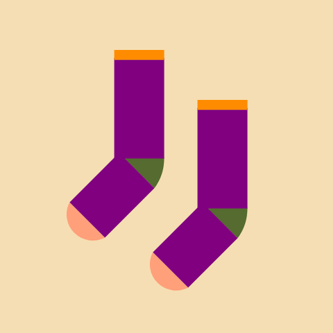 Two socks: Both are a Purple sock with a DarkOliveGreen heel, a LightSalmon toe, and a DarkOrange cuff, with no decoration, all on a Wheat background.