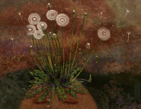 Against a deep umber, rust, purple and green background, the top of a pumpkin orange abstract head with closed eyes. On its crown, a patch of dandelions whose dried white heads open into full spheres, parachuting seeds as they glide through the wind.