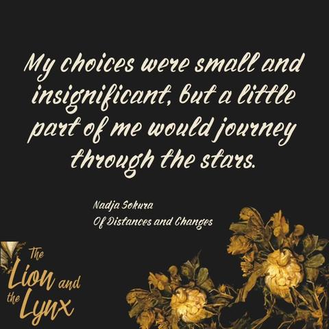 Sitaatti Nadja Sokuran novellista Of Distances and Changes: My choices were small and insignificant, but a little part of me would journey through the stars.