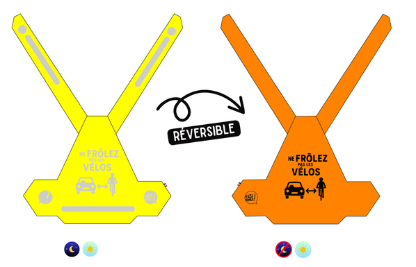 Image des gilets jaune produit par Vasimimile avec le dessin ne FRÔLEZ pas les VÉLOS en version réflechissante sur jaune et noir sur orange.