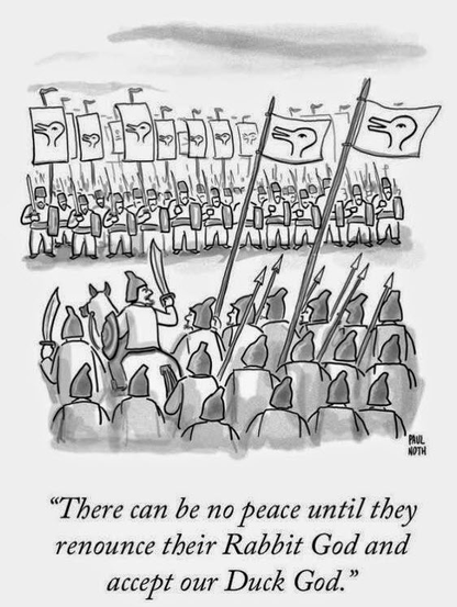 Two armies armed with swords and shields face each other. They carry identical banners, a drawing of the head of a duck that can also be seen as the head of a rabbit, and vice-versa.

The caption reads, “There can be no peace until they renounce their Rabbit God and accept our Duck God.”