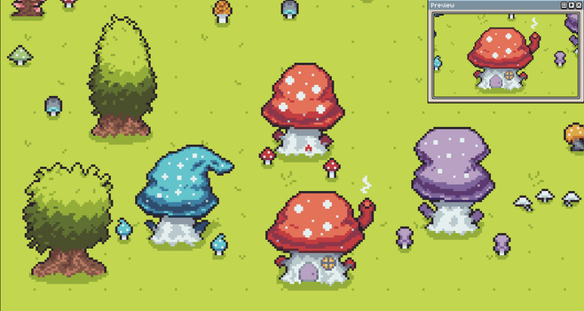 A pixel art scene with the focus being on a mushroom cabin - a big red mushroom tree with a door and a window carved into it, with a little mushroom chimney on the back