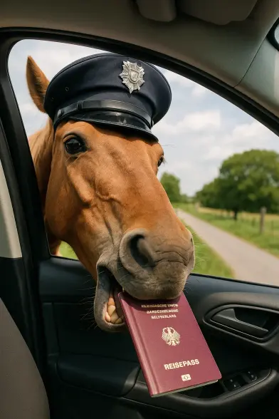 Ein Pferd mit einer Polizeimütze knabbert an einem Reisepass.