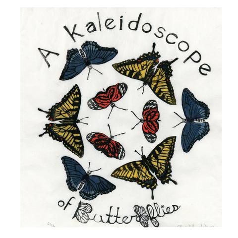 This lino block print is printed in black ink on Japanese kozo (or mulberry) paper 12.5 inches by 12 inches, or 31.7 cm by 30.5 cm in dimension. Each butterfly involves 'chine collé' (collaged, delicate, Japanese paper) for their glorious colour. They are arrayed with a three-fold symmetry, like images in a toy kaleidoscope. There are three each of the orange Isabella's Longwings (Nymphalidae Eueides isabella), three yellow Eastern tiger swallowtails (Papilio glaucus), and three blue Red-Spotted Purples (Limenitis arthemis astyanax). There is text reading ‘A kaleidoscope of Butterflies’ with a butterfly for the f.