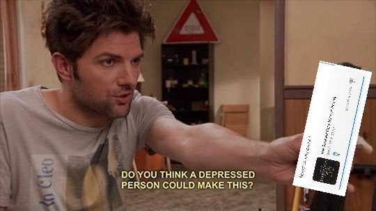 (Digitally altered meme.) Ben Wyatt, a disheveled-looking character from the show “Parks and Recreation,” says “Do you think a depressed person could make this?” as he holds out my screenshot of getting all the trophies in the video game “Clair Obscur: Expedition 33.”