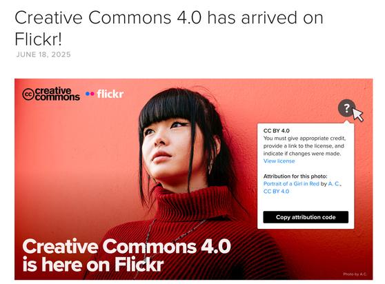An announcement for Creative Commons 4.0 on Flickr, featuring a young woman with black hair and a red sweater against a pink background. The image includes branding for Creative Commons and Flickr, along with attribution details for the photo.