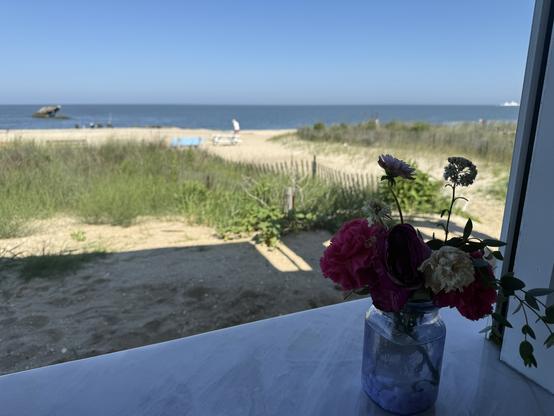 Beach seen from a restaurant counter.