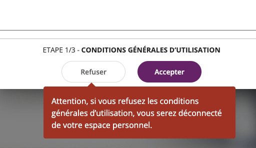 Image d'un bouton "Refuser " et un bouton "Accepter" inclus dans une page web en attente de clic pour validation. Sous le bouton refuser il est écrit ceci : "Attention si vous refusez les conditions générales d'utilisation, vous serez déconnecté de votre espace personnel".