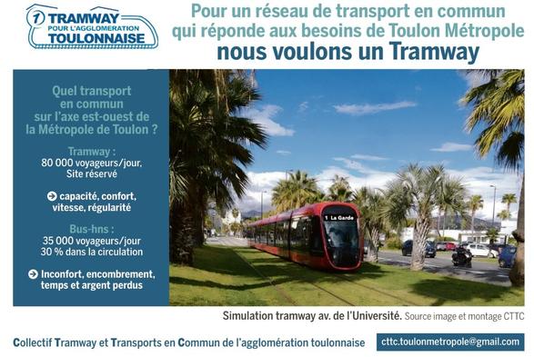 Infographique qui reprend les mêmes chiffres que le texte: comparaison de tramway et bhns en termes de capacité, confort. Logo du collectif tramway. 
Adresse de contact: cttc.toulonmetropole@gmail.com
Le tout autour d'une photomontage d'un tramway sur le campus de Toulon.