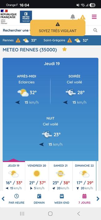 Capture d'écran des prévisions météo France pour Rennes. Alerte orange canicule dès demain. Maximales vendredi et samedi de 37 et 38°C avec des nuits "tropicales" (où la température ne descend pas sous les 20°C)