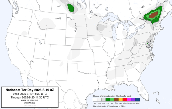 0z Day #Tornado Forecast - a map of the United States depicting areas of various colors to incidate tornado risks