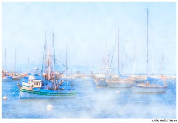 Digital art depicting fishing boats and similar small craft in a harbor in a deep fog with bright light that will soon burn off the morning mists.
