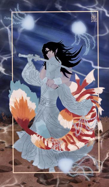 a drawing of Hua Cheng from heavens official blessing as a mermaid wrapped around a stone statue of Xie Lian and hugging its neck surrounded by white glowing jellyfish