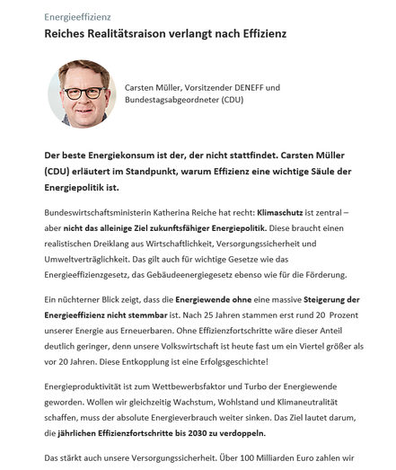 Screenshot von 3 Absätzen des Standpunkts des heutigen Background KlimaEnergie Newsletters des Tagesspiegel. Überschrift: Reiches Realitätsraison verlangt nach Effizienz. Dazu ein Portrait des MdB Carsten Müller (CDU) mit Brille.