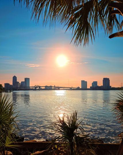 Bright, sunny, tropical sunrise viewed from a city park along the Saint Johns River overlooking the downtown skyline in the distance,  with a band of pink and orange glowing light beyond the silhouettes as the sun rises in the bright blue summer sky, casting a beam of reflective light across the shimmering water below.