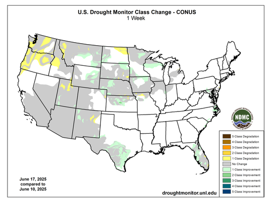 The 1-week change map shows changes to the U.S. Drought Monitor over the past week.