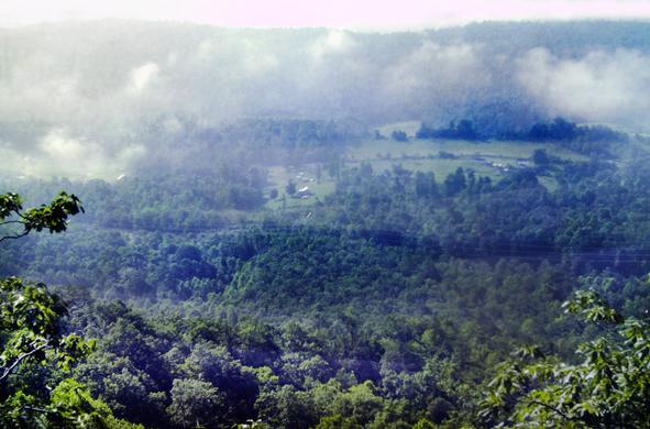 It is a steamy summer day with a bright white sky. We are standing atop a ridge crest at a lookout through and above the trees. Lots of low hazy clouds are hanging over the valley below as the morning sun burns off the morning moisture. The valley is mostly wooded, but there are some farm buildings and fields visible. A wooded ridge similar to ours flanks the far side of the valley.