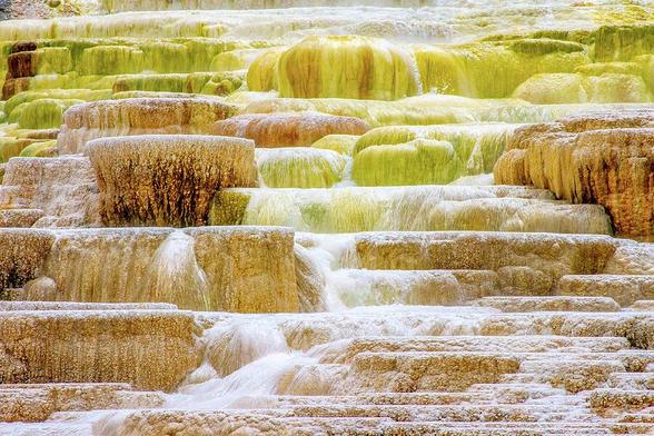 Mammoth Hot Springs

This is an image of a section of Mammoth Hot Springs located in Yellowstone National Park.
This is a closeup of the Mammoth Hot Springs. It is a travertine formation that formed over thousands of years as the minerals in the water build these layered formations that the water falls through the hot springs and ends up flowing into the Spring River.
The formations are like mini flat topped mesas but much smaller and randomly placed.