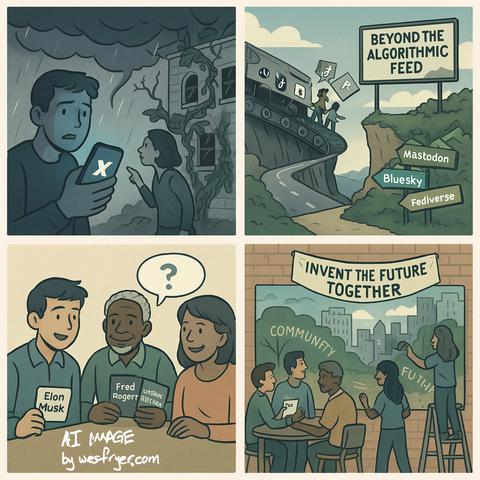 A four-panel illustration depicting themes of social media and community. The first panel shows a person looking concerned while checking their phone during a storm. The second panel features figures walking away from a train labeled "Algorithmic Feed," pointing towards signs for alternative platforms