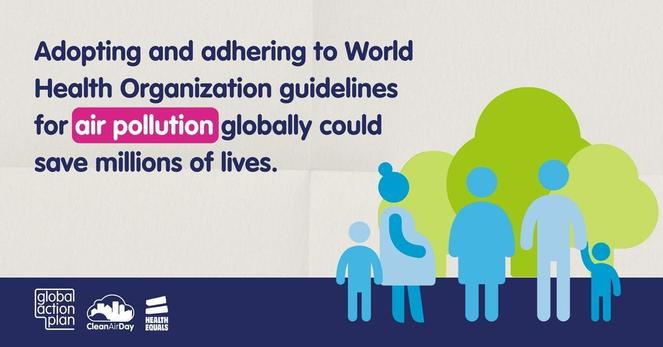 Graphic shows a family outside enjoying clean air. Caption reads: Adopting and adhering to World Health Organization guidelines for air pollution globally could save millions of lives.
