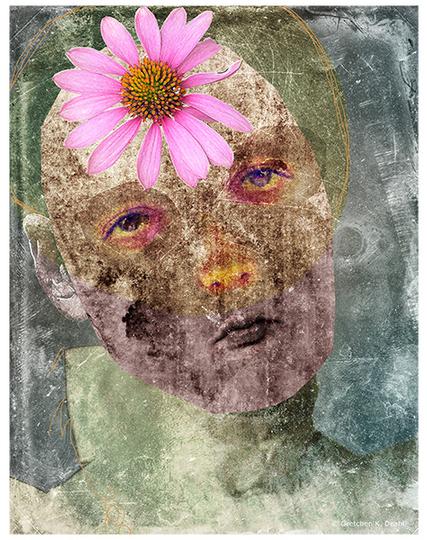 Abstracted collaged female face on a textured background. On her forehead, a blooming pink daisy.